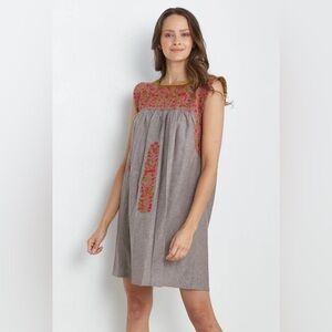 Mi Golondrina Café Olivo y Rosa Flores Pattern Cotton Embroidered Dress Sz S